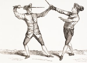 1875年に出版された「XVIII Siecle Institutions、Usages et Costumes」から、相手の剣または剣の手を握った後に突き刺す立場にある剣士